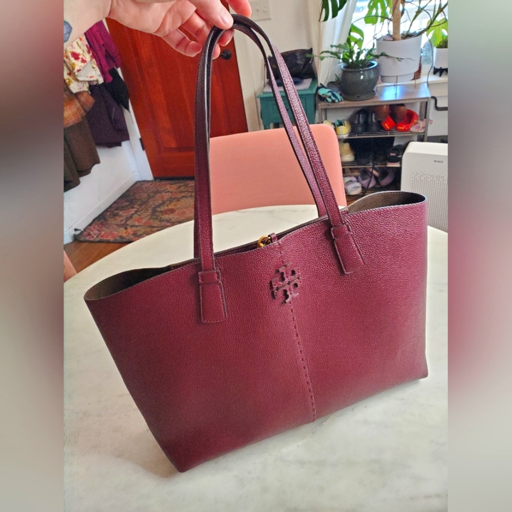 Tory Burch Large McGraw Tote Claret Burgundy Red Leather Logo